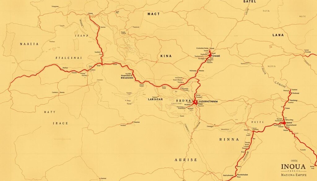 A detailed map of the extensive road network of the Roman Empire, showcasing the intricate system of paved highways and trade routes that connected the far-reaching corners of the ancient Mediterranean world. The image should depict the roads in a muted, sepia-toned color palette, evoking a sense of historical significance and the passage of time. The map should be rendered with a high level of detail, highlighting the winding paths, bridges, and key cities that were vital to the movement of goods, people, and ideas during the height of the Roman civilization. The overall tone should convey the grandeur and engineering prowess of the Roman road system, which served as the foundation for the spread of Catholicism and the growth of the early Christian Church.