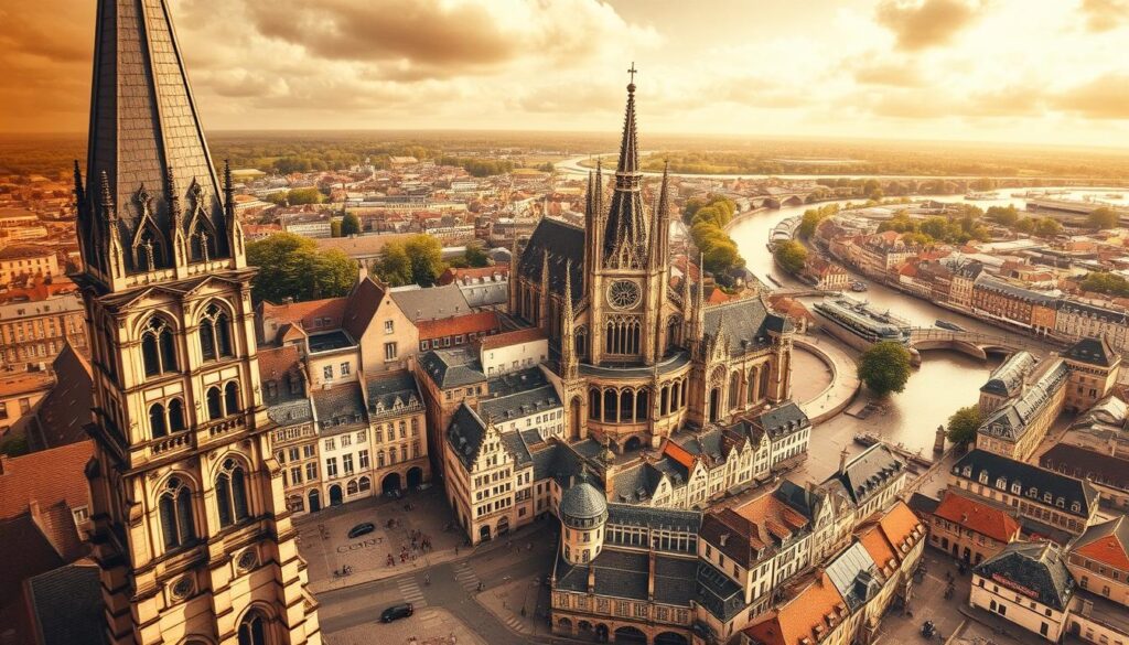A detailed planning map of historic Ghent, Belgium, showcasing the city's architectural landmarks and points of interest. The map is rendered in a warm, sepia-toned color palette, evoking the timeless charm of the city's storied past. Prominent in the foreground is the iconic Ghent Belfry, its soaring spire casting a long shadow across the cobblestone streets. In the middle ground, the intricate Gothic façade of the Saint Bavo's Cathedral dominates the scene, surrounded by quaint, gabled buildings. The background reveals the winding Leie River and the picturesque Graslei harbor, framed by verdant trees and a cloudy, golden-hour sky. The overall composition conveys a sense of exploration, history, and the allure of Ghent's well-preserved architectural treasures.