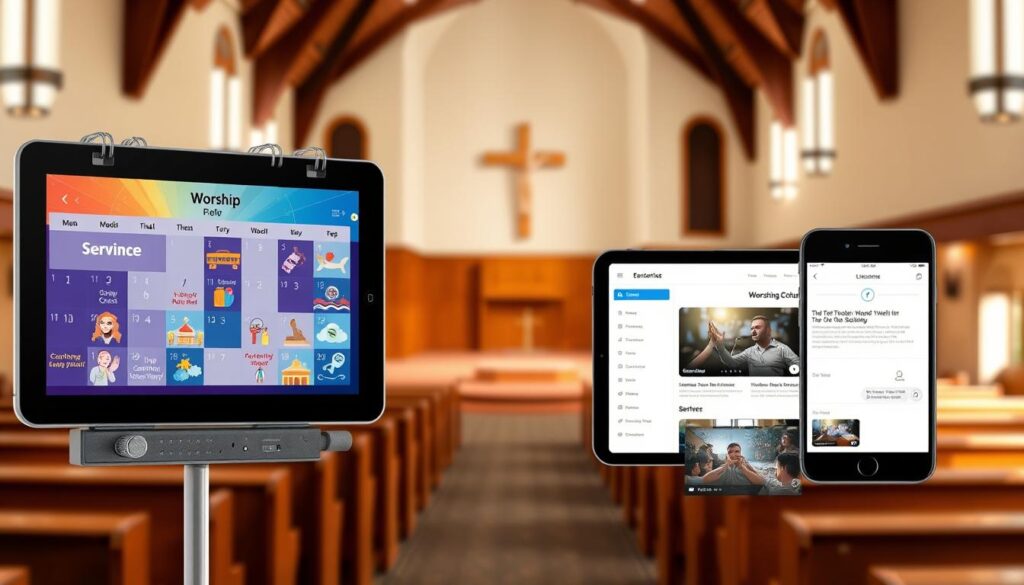A digital worship calendar displays the upcoming service schedule and events, with vivid digital illustrations. In the foreground, a livestream player interface allows seamless access to the church's livestream, with clear video and audio controls. The middle ground features a clean, modern UI design with a responsive layout, easily navigable on mobile devices. In the background, a warm, inviting church interior with natural lighting and wooden accents sets the atmosphere of a welcoming community. The overall composition conveys a sense of digital engagement and connection, facilitating remote participation in the church's vibrant worship experience.