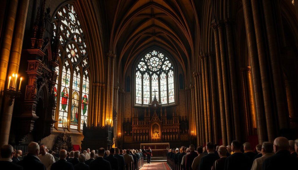 A dimly lit 16th century church interior in the Low Countries. The ornate altar and stained glass windows in the foreground command attention. Figures of clergymen and worshippers populate the middle ground, their expressions reflecting the gravity and solemnity of the religious ceremony. In the background, towering arched ceilings and intricate stone columns suggest the grandeur and majesty of the sacred space. Warm, golden lighting imbues the scene with a sense of reverence and spiritual contemplation, as the reformist movement slowly takes hold in this historic European region.