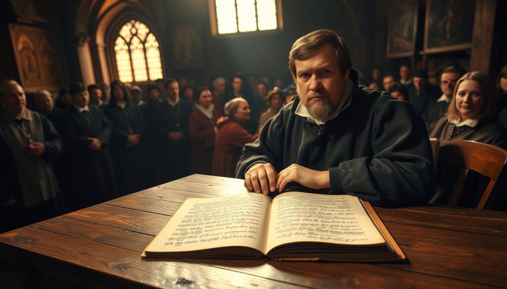 A dimly lit 16th-century interior, with a large wooden desk taking center stage. On the desk, an open book with intricate calligraphy - the 95 Theses, penned by a stern-faced Martin Luther, whose expression conveys the weight of his revolutionary ideas. The scene is bathed in a warm, golden glow, reflecting the profound impact of Luther's work, which has sparked a groundswell of religious reform. In the background, a crowd of scholars and clergy gathers, captivated by the historic moment. The composition evokes a sense of momentous change, as the ripples of Luther's defiant act spread across the European landscape.