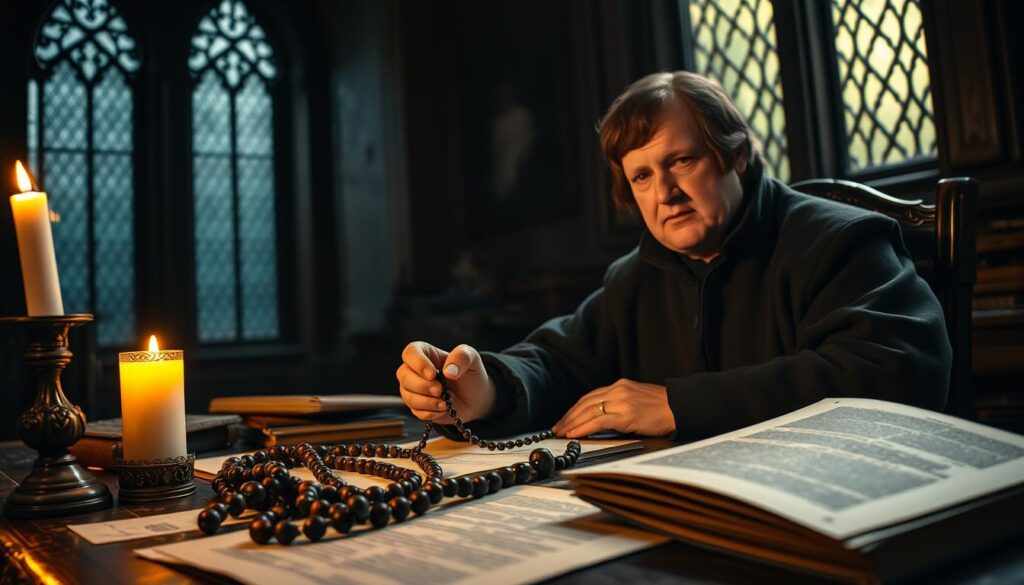 A dimly lit 16th century study, illuminated by the soft glow of a single candle. In the foreground, Martin Luther sits at his desk, his hands delicately handling a string of ornate prayer beads, his expression one of deep contemplation. The beads, crafted from polished wood and intricate metalwork, reflect the flickering light, casting intricate shadows across the aged parchments and leather-bound books that litter the table. In the background, a large stained-glass window filters in muted, reverent light, casting a warm, spiritual atmosphere throughout the chamber. The scene conveys the historical significance and personal devotion associated with the Lutheran rosary, a crucial element of the Reformation-era spiritual landscape.
