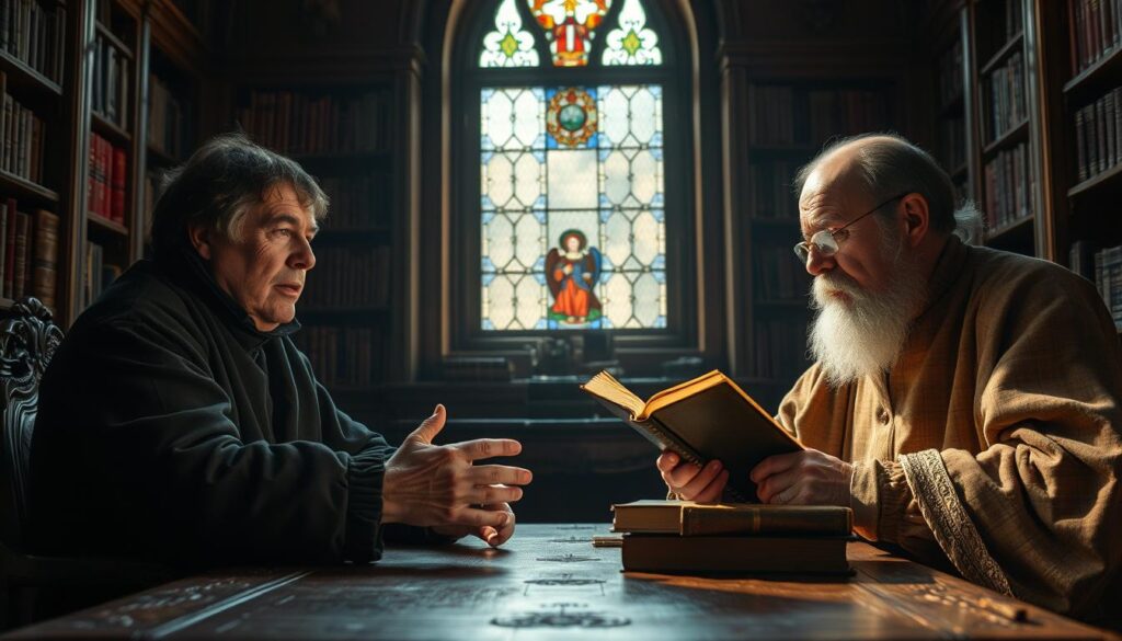 A dimly lit 16th century study, two theologians seated at an ornate wooden table, deep in discussion. In the foreground, Martin Luther, his weathered face etched with conviction, gestures emphatically. Across from him, Philip Melanchthon, his brow furrowed in contemplation, meticulously annotates a tome. Bookshelves line the background, casting a warm, scholarly glow. Sunlight filters through a stained glass window, illuminating the scene with a sense of weighty importance. The tension between the two thinkers is palpable, their differing views on predestination evident in their expressions and body language.