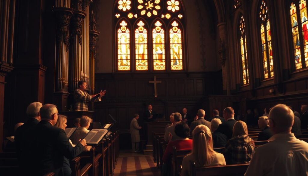A dimly lit Lutheran church interior, bathed in warm, golden light from stained glass windows. In the foreground, a grand pipe organ with intricate carvings, its pipes reaching towards the vaulted ceiling. Musicians and a choir perform a reverent hymn, their faces uplifted in a fervent display of worship. Worshippers kneel in pews, hands clasped in prayer, lost in contemplation. The atmosphere is one of profound solemnity and spiritual transcendence, inviting the viewer to experience the rich, timeless traditions of Lutheran liturgy.