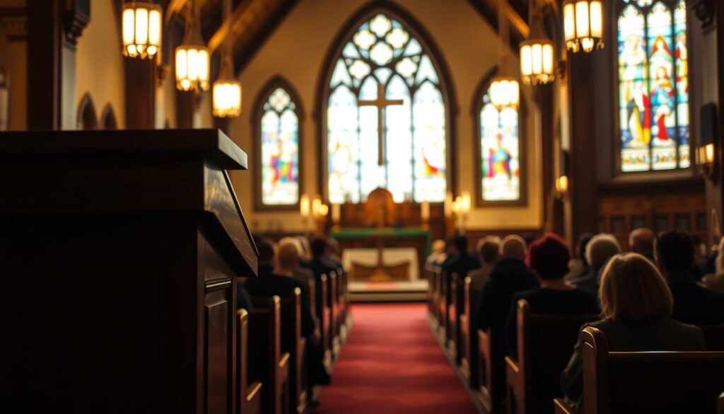 A dimly lit Lutheran church interior, bathed in warm, soft lighting. In the foreground, a simple wooden lectern, the focus of the worshipers' attention. Behind it, an ornate altar with a plain cross, the central symbol of Lutheran faith. In the middle ground, pews filled with congregants, their faces upturned in reverent contemplation. In the background, stained glass windows cast a kaleidoscope of colors, illuminating the space with a sense of sacred tranquility. The overall mood is one of humble, heartfelt worship, reflecting the Lutheran tradition of accessible, vernacular-based liturgy.