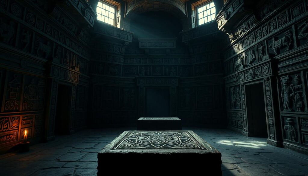 A dimly lit ancient temple chamber, its walls adorned with intricate carvings and inscriptions. Flickering torchlight casts an otherworldly glow, illuminating the ornate symbols and glyphs that tell the story of their mystical origins. In the center, a large stone altar stands, its surface etched with sacred geometric patterns. Beams of moonlight filter through the high windows, casting long shadows and lending an air of reverence to the scene. The atmosphere is one of deep history and spiritual significance, inviting the viewer to ponder the timeless wisdom of these powerful symbols.