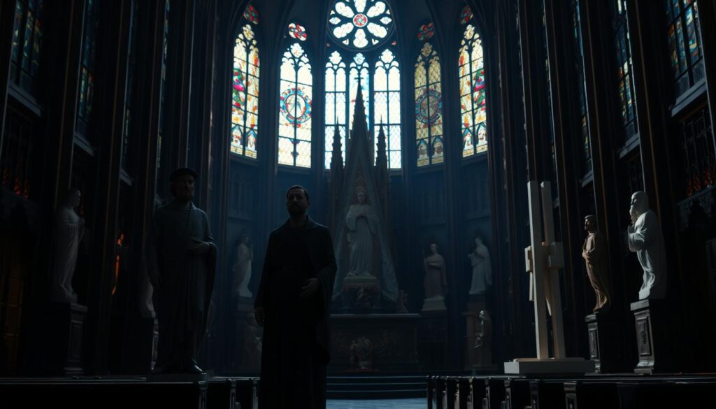 A dimly lit cathedral interior, the stained glass windows casting a somber, reverent glow. In the foreground, two figures stand in stark contrast - one representing traditional Christian iconography, the other a more abstract, minimalist Lutheran interpretation. The background features a towering altar, flanked by ornate religious sculptures on one side and simple, geometric designs on the other, symbolizing the theological differences between the two belief systems. The lighting is dramatic, creating deep shadows and highlights that emphasize the visual tension between the opposing representations of the divine. The scene conveys a sense of quiet contemplation and the complexities of religious interpretation.