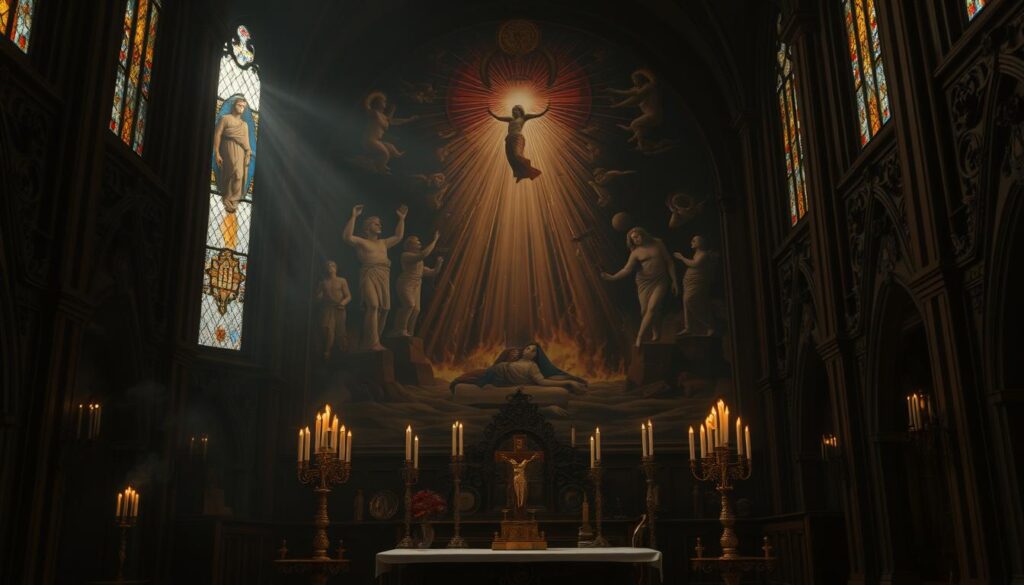 A dimly lit chapel interior, with stained glass windows casting a warm, ethereal glow. In the foreground, an ornate altar adorned with religious iconography - candles, crucifixes, and swirling incense. Behind the altar, a large, imposing mural depicting a biblical scene of purification, with souls ascending through flames towards a heavenly realm. The walls are lined with intricate carved reliefs, conveying a sense of sacred history and tradition. The atmosphere is one of solemn reverence, inviting contemplation on the spiritual journey of the afterlife.