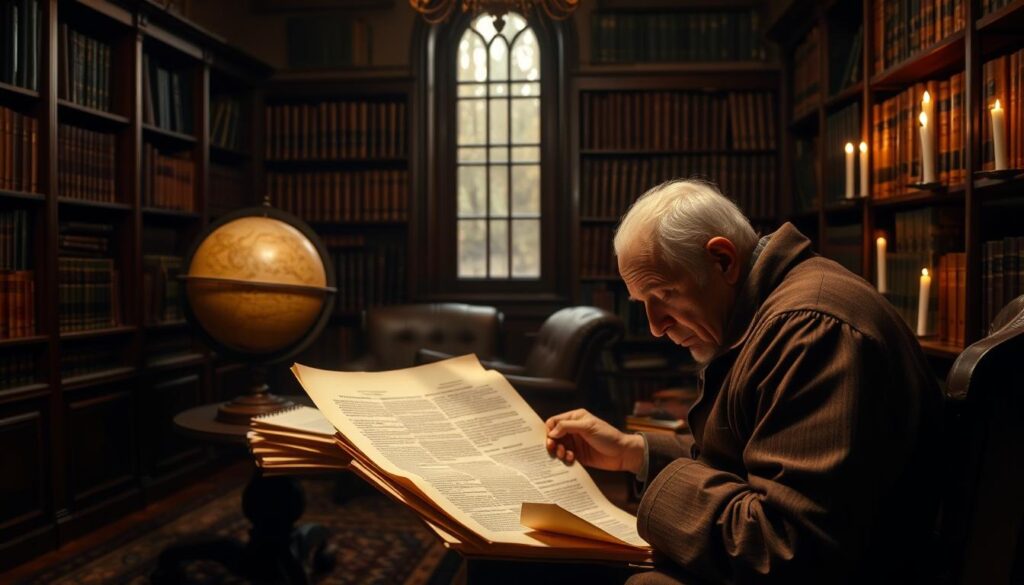 A dimly lit colonial study, with rich mahogany furniture and a large globe on a heavy oak desk. Shelves of leather-bound books line the walls, casting long shadows. In the foreground, an elderly European scholar sits hunched over, poring over parchments and scrolls, his brow furrowed in deep contemplation. The lighting is warm and candlelit, creating a somber, introspective atmosphere. The scholar's expression conveys a sense of intellectual grappling with complex theories and ideas about the caste system of the colonies. Muted tones of brown, gold, and amber predominate, evoking a bygone era of colonial conquest and misinterpretation.