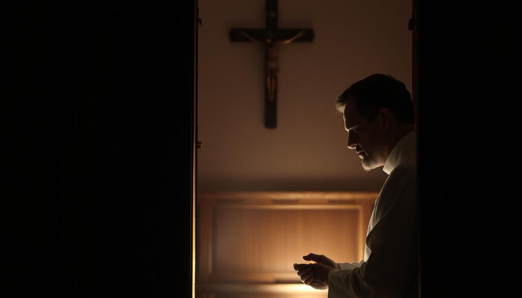A dimly lit confessional booth, the wooden panels worn with age, casting shadows across the faces of the priest and penitent kneeling in solemn contemplation. Soft, warm lighting filters through the latticed screen, creating an atmosphere of intimacy and introspection. The penitent's expression is one of humility and contrition, as they seek the sacrament of reconciliation, a sacred rite of the Catholic faith. In the background, the faint outline of a crucifix on the wall, a symbol of God's forgiveness and the ultimate sacrifice.