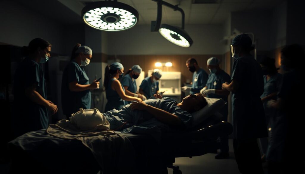 A dimly lit hospital emergency room, the air thick with a sense of urgency. In the foreground, a patient lies on a gurney, surrounded by a team of dedicated medical professionals administering CPR and attaching monitoring equipment. Shadows cast by the overhead surgical lighting create a dramatic, high-contrast scene. The middle ground features a blur of activity as nurses and doctors rush to provide life-saving care, their expressions focused and determined. In the background, the muted tones of medical equipment and the hushed tension of the environment set the somber mood. The scene conveys the critical importance of immediate, skilled intervention during a heart attack emergency.