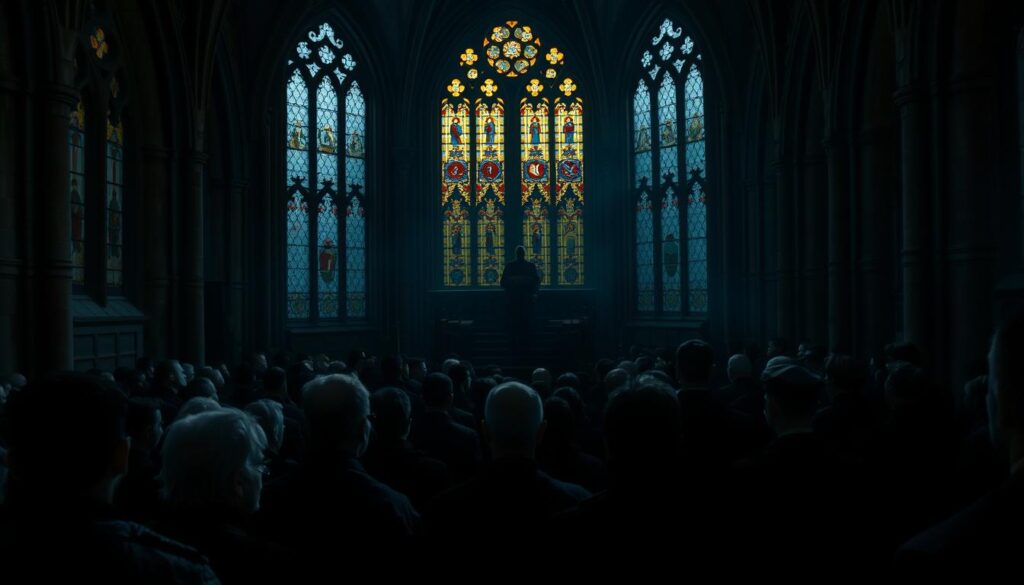 A dimly lit medieval cathedral, its stained glass windows casting a somber glow. In the foreground, a group of people with solemn expressions, their bodies hunched, as if weathering a storm of persecution. The middle ground reveals a crowd of robed figures, their faces obscured, representing the historical oppression and discrimination faced by the Jewish community. In the background, a shadowy figure on a raised platform, delivering a speech, symbolizing the spread of anti-Judaic rhetoric. The scene is imbued with a sense of unease and historical weight, capturing the impact of historical anti-Judaism on modern perspectives.