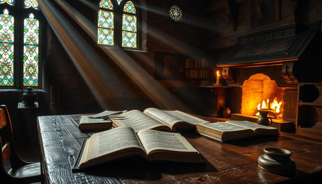 A dimly lit medieval study, illuminated by the warm glow of candles and a crackling fireplace. On the large oak desk, tomes and scrolls lie open, revealing the early writings and ideas that would ignite the Lutheran Reformation. Beams of sunlight filter through stained glass windows, casting kaleidoscopic patterns on the worn stone walls. In the foreground, a quill pen rests beside an inkwell, poised to capture the next revolutionary thought. The atmosphere is one of contemplation, tension, and the stirrings of a profound religious and social upheaval.