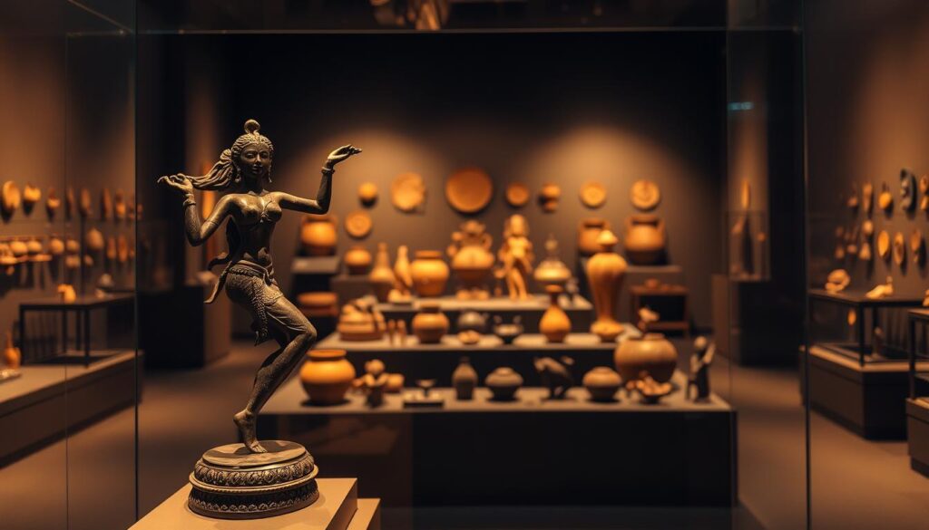 A dimly lit museum gallery, showcasing an array of ancient Indus Valley artifacts. In the foreground, a stunning bronze sculpture of a dancing figure, its intricate details illuminated by warm, focused lighting. In the middle ground, various clay vessels, seals, and figurines arranged in a visually captivating display, each piece bearing the hallmarks of the sophisticated Harappan civilization. The background fades into a soft, muted tone, allowing the artifacts to take center stage and evoke a sense of timeless wonder and cultural heritage. The scene conveys a reverent, contemplative atmosphere, inviting the viewer to ponder the enduring beliefs and traditions that shaped the foundations of Hinduism.