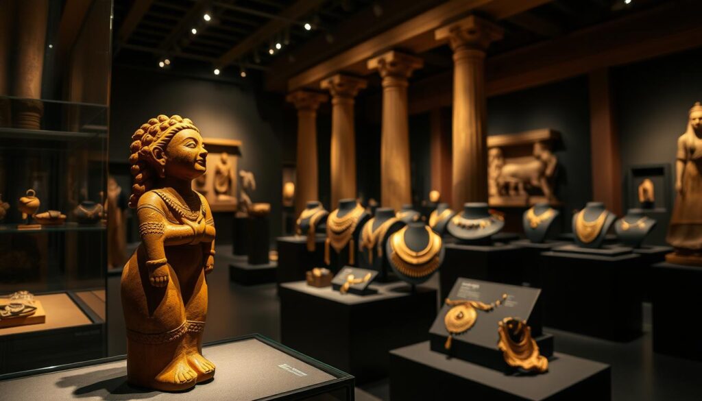 A dimly lit museum hall, showcasing a breathtaking collection of Indus Valley artifacts. In the foreground, a meticulously crafted terracotta figurine, its intricate details illuminated by soft, warm lighting. In the middle ground, a display of ornate jewelry, including intricate necklaces and bracelets, hinting at the sophisticated artistry of the ancient civilization. In the background, towering stone pillars and carved reliefs, evoking the grandeur and architectural prowess of the Indus Valley people. The overall atmosphere is one of reverence and wonder, inviting the viewer to step back in time and explore the rich cultural heritage of this legendary civilization.