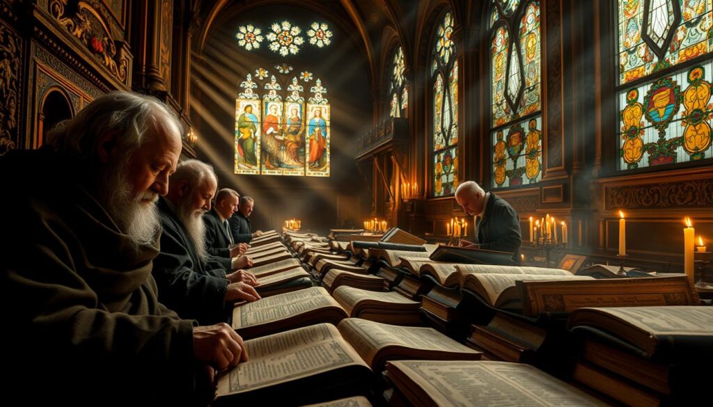 A dimly lit sanctuary, its walls adorned with ornate carvings and intricate tapestries. Rows of ancient, leather-bound tomes lie open, their pages illuminated by the flickering glow of candles. Elderly scholars, their faces etched with wisdom, carefully examine the sacred texts, their expressions deep in contemplation. Rays of golden light filter through stained glass windows, casting a serene, ethereal atmosphere over the scene. The air is thick with the scent of incense, transporting the viewer to a realm where the past and present converge, where the study of these hallowed scriptures is a sacred rite.