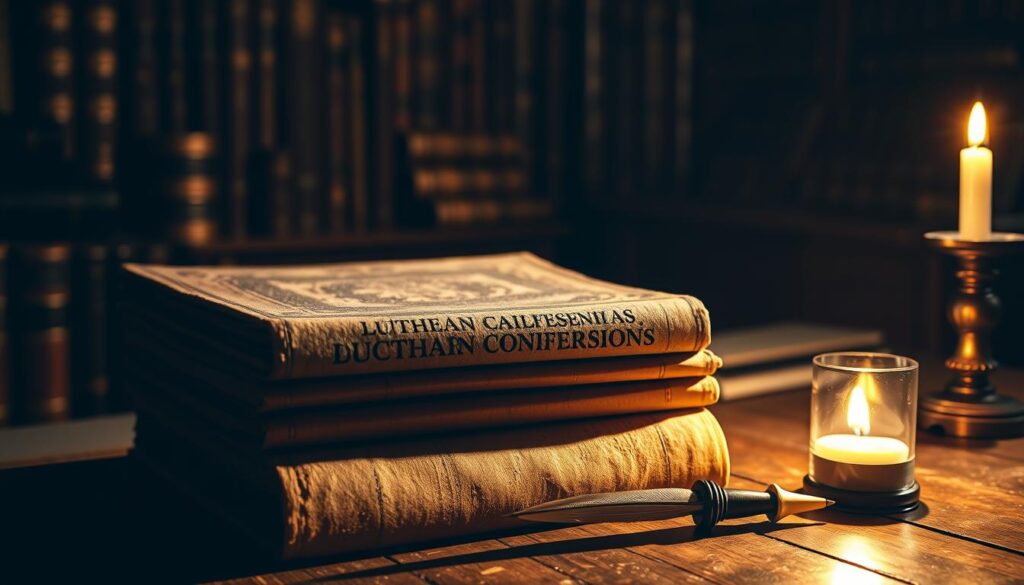 A dimly lit study, adorned with aged leather-bound tomes and a heavy oak desk. In the foreground, a stack of weathered theological documents labeled "Lutheran Confessions" sits prominently, casting long shadows across the room. The documents are bathed in a warm, golden light from a nearby candle, its flickering flame casting a contemplative atmosphere. In the middle ground, a quill pen and inkwell rest beside the stack, hinting at the scholarly work being undertaken. The background is shrouded in a soft, vignette-like blur, drawing the viewer's attention to the central focus of the theological texts. The overall scene conveys a sense of historical significance and the intellectual rigor of the Lutheran faith.