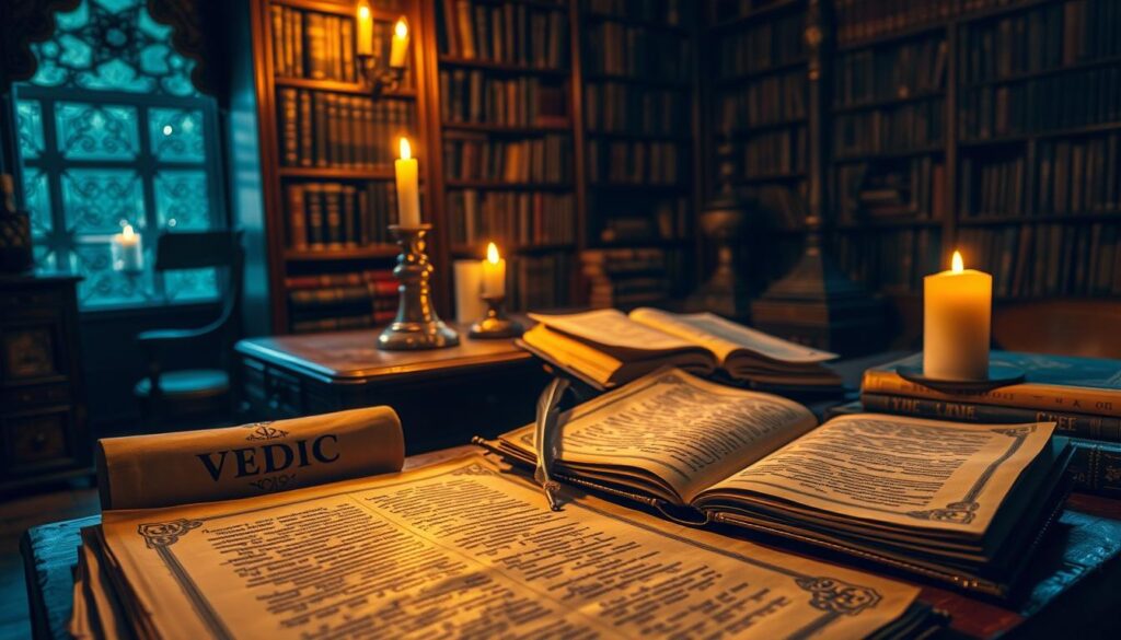 A dimly lit study, adorned with ancient parchments and scrolls, illuminated by the soft glow of candlelight. In the foreground, a collection of Vedic texts, their pages meticulously preserved and their covers adorned with intricate, symbolic patterns. The middle ground features a weathered wooden desk, upon which rests a quill, ink, and a glowing brass lamp, casting a warm, contemplative ambiance. In the background, a vast, ornate bookshelf, filled with volumes of esoteric knowledge, hints at the depth and complexity of the Vedic tradition. The atmosphere is one of reverence, study, and the timeless pursuit of spiritual understanding.