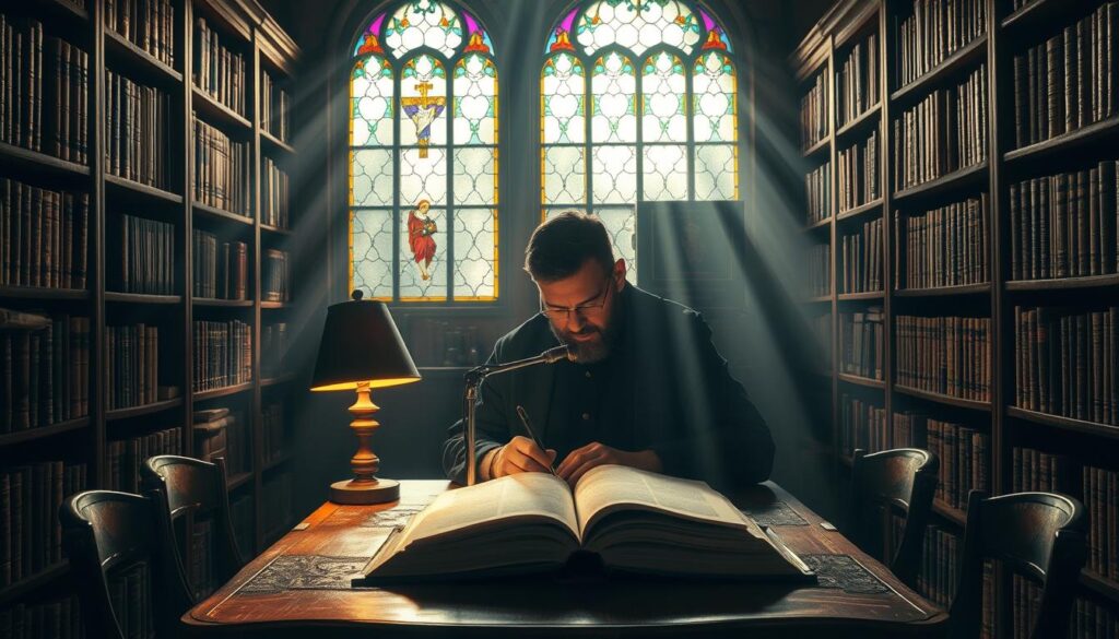 A dimly lit study, bookshelves lining the walls, casting warm shadows on aged leather tomes. In the center, an ornate wooden table, where a scholar pores over ancient texts, their face illuminated by the soft glow of a desk lamp. Rays of muted sunlight filter through stained-glass windows, casting a reverent, contemplative atmosphere. Surrounding the scholar, symbols of Christian and Jewish faiths intertwine, representing the intersection of theological doctrines and interpretations of the Old Testament. A sense of intellectual discourse and spiritual exploration pervades the scene.