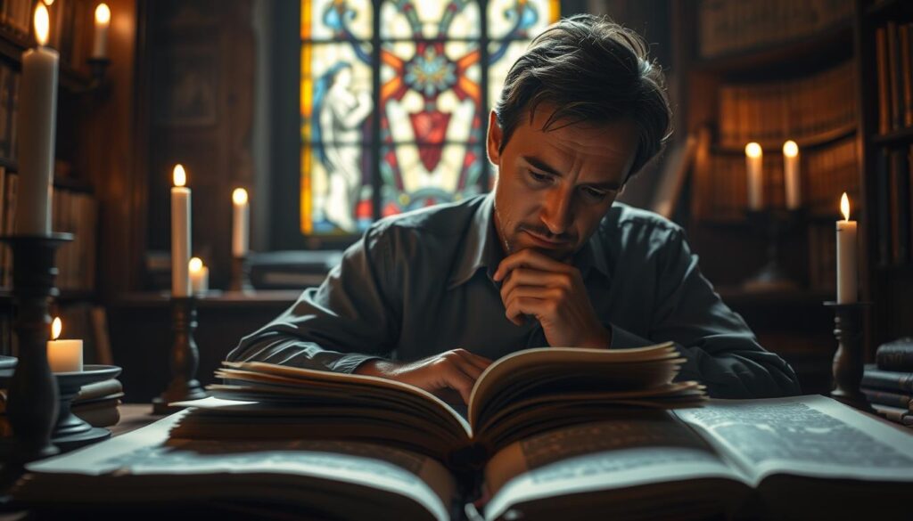 A dimly lit study, filled with the warm glow of candlelight. At the center, a thoughtful Lutheran theologian pores over ancient tomes, brow furrowed in deep contemplation. Shadows dance across the weathered pages, hinting at the rich history and complex interpretation of the Old Testament. In the background, a stained glass window filters in muted hues, casting an almost ethereal light upon the scholar's work. The atmosphere is one of reverence and scholarly dedication, as the theologian seeks to unravel the nuances of Lutheran thought on this sacred scripture.