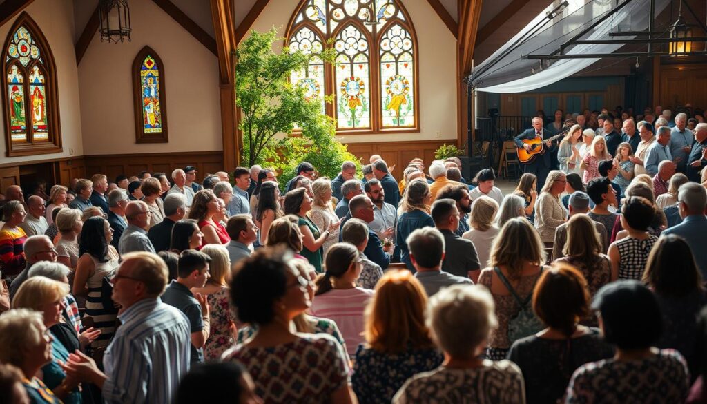 A diverse array of worship gatherings, each a vibrant tapestry of faith and community. In the foreground, a serene sanctuary filled with people of all ages and backgrounds, their faces aglow with reverence as they raise their voices in song. The middle ground showcases a lively outdoor service, worshippers swaying to the rhythmic beats of a local ensemble, their spirits uplifted by the warm embrace of nature. In the background, a bustling interfaith event, members of different traditions sharing in the universal language of prayer, their shared humanity shining through. Soft, natural lighting filters through stained glass windows, casting a peaceful glow upon the proceedings. A sense of unity, inclusion, and profound spiritual connection permeates the scene, capturing the essence of a church that celebrates the diversity of its flock.