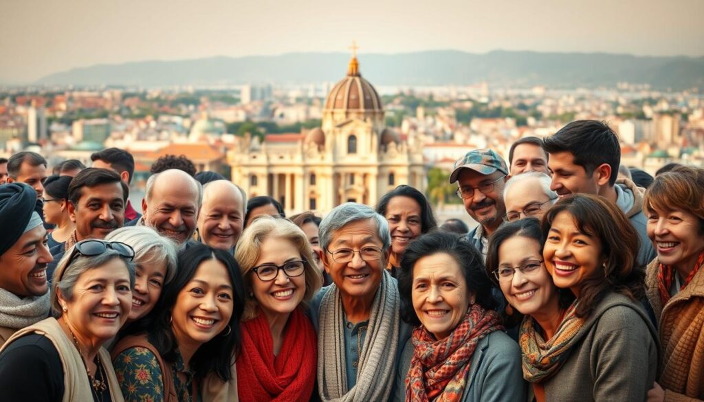 A diverse, close-knit group of people from various nationalities, ethnicities, and ages, gathered together in a warm, welcoming setting. The foreground features people of different ages and backgrounds, smiling and interacting with one another, representing the global reach and inclusivity of the Catholic community. The middle ground shows a majestic church or cathedral, symbolizing the spiritual and architectural heritage of the faith. The background depicts a cityscape or landscape, showcasing the worldwide presence of the Catholic Church. The lighting is soft and inviting, creating a sense of unity and fellowship. The overall composition conveys the global, connected nature of the Catholic community.