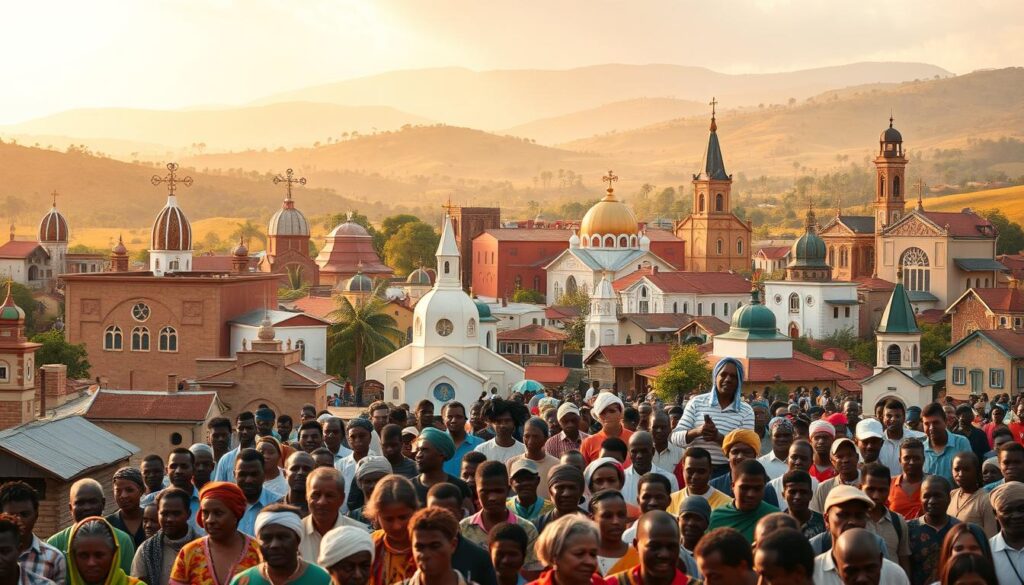 A diverse congregation of Ethiopian Protestant denominations, each represented by their distinctive architectural styles and cultural elements. In the foreground, a vibrant array of church structures - from simple mud-brick sanctuaries to grand cathedrals with ornate domes and stained-glass windows. In the middle ground, worshippers of various ages and backgrounds gather, their faces expressing a range of emotions - devotion, contemplation, and community. The background is a tapestry of rolling hills, verdant vegetation, and a golden-hued sky, lending a warm, ethereal ambiance to the scene. Lighting is soft and diffused, creating a sense of reverence and spiritual harmony. The image conveys the rich tapestry of Protestant faith in Ethiopia, where tradition and modernity coexist in a visually captivating display of religious diversity.