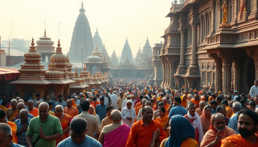 A diverse gathering of Hindu sects and traditions, set against the backdrop of an ornate temple complex. In the foreground, a group of devotees in vibrant robes engage in rituals and ceremonies, their faces alight with devotion. In the middle ground, a procession of pilgrims winds its way through the intricate architecture, passing by shrines and statues of deities. The background is a tapestry of towering spires, carved columns, and intricate frescoes, bathed in warm, golden light filtering through the windows. The scene conveys a sense of reverence, spiritual harmony, and the rich tapestry of beliefs that comprise the Hindu faith.
