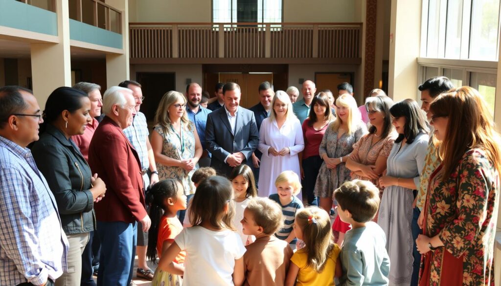 A diverse gathering of people from various faith traditions, standing together in a warm, sunlit atrium. In the foreground, individuals of different ages, races, and ethnicities engage in lively conversation, their expressions radiating a sense of community and inclusivity. In the middle ground, a group of children of diverse backgrounds sit in a circle, listening intently to a teacher sharing a story. In the background, a blend of traditional and modern architectural elements creates a visually striking and harmonious setting, symbolizing the unity within this evangelical Lutheran church community.