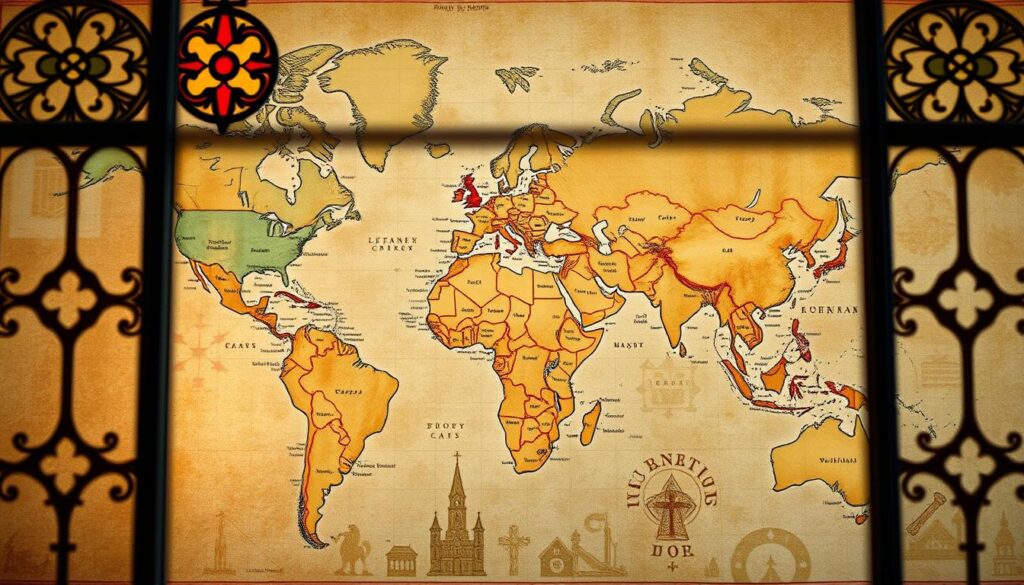 A diverse global network of Lutheran denominations, represented by a detailed map showing various church bodies, their geographical presence, and interconnected relationships. The map is rendered with a warm, muted color palette, creating a sense of tradition and history. In the foreground, intricate stained-glass window patterns frame the map, casting a soft, ethereal glow. The middle ground features stylized icons and symbols representing the key tenets and practices of Lutheranism, while the background showcases a subtle, textured canvas-like surface, evoking a sense of timelessness and reverence.