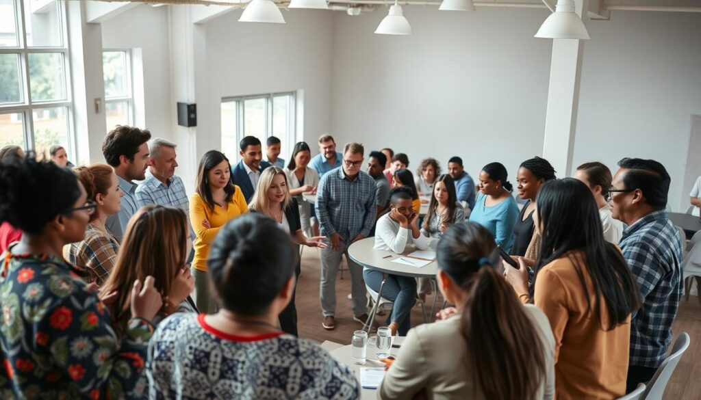 A diverse group of people from different backgrounds gathered in a well-lit community center, engaged in deep conversation and collaborative activities. In the foreground, a circle of individuals from various ages, ethnicities, and professions, gesturing animatedly as they discuss ideas and exchange perspectives. In the middle ground, smaller breakout groups huddled around tables, sharing resources and brainstorming solutions to pressing local issues. The background showcases an airy, open-concept space with large windows, allowing natural light to flood the room and create a warm, welcoming atmosphere. The overall scene conveys a sense of unity, empowerment, and a shared commitment to strengthening the community through strategic partnerships.