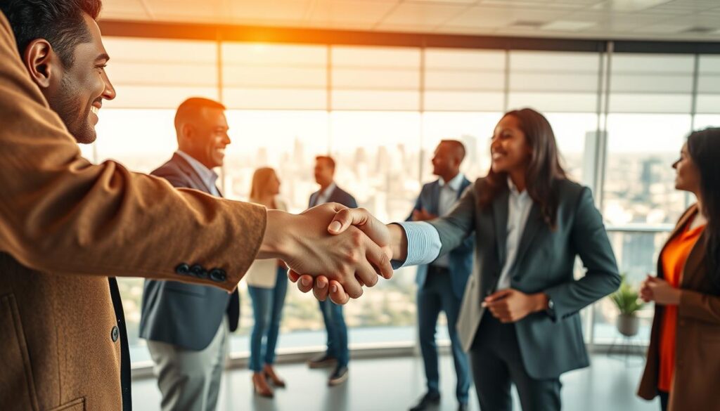 A diverse group of people from different backgrounds shake hands and collaborate in a modern, well-lit office setting. In the foreground, a handshake represents the partnership, with close-up details of their hands and faces expressing trust and mutual understanding. In the middle ground, other professionals converse and share ideas, their body language conveying an atmosphere of cooperation and productivity. The background features a panoramic view of a bustling city skyline, symbolizing the global reach and impact of these service partnerships. Warm, natural lighting creates a welcoming and professional ambiance, capturing the essence of building meaningful connections for growth and positive change.