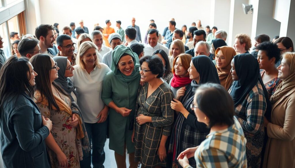 A diverse group of people from various backgrounds, ethnicities, and ages stand together, united in their support for the community. The foreground features a warm, inviting setting with people of different ages, races, and abilities engaged in conversation, laughter, and shared activities. The middle ground showcases a vibrant, multicultural gathering, with individuals from various cultural and religious backgrounds interacting harmoniously. The background depicts a welcoming, inclusive environment, with a sense of belonging and acceptance. The lighting is soft and natural, creating a serene, uplifting atmosphere. The camera angle is slightly elevated, capturing the unity and togetherness of the diverse population.