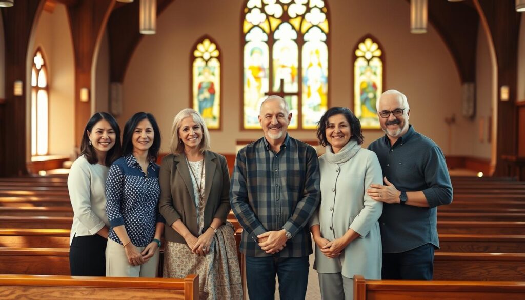 A diverse, welcoming church leadership team gathered in the warm glow of an inspirational setting. In the foreground, a group of five individuals - two women and three men of varying ages and ethnicities - stand with hands clasped, their expressions radiating kindness and purpose. Soft natural light filters through stained glass windows in the middle ground, casting an ethereal ambiance. In the background, wooden pews and a central pulpit suggest a traditional yet inclusive sanctuary, ready to welcome the community. The overall mood is one of spiritual guidance, collaboration, and a shared commitment to service.