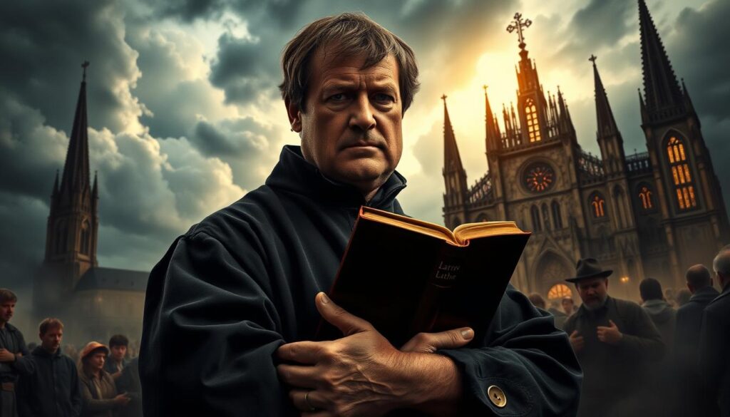 A dramatic and vivid scene of Martin Luther, the iconic figure of the Protestant Reformation, standing resolute amidst a backdrop of towering, gothic cathedrals and a stormy, turbulent sky. The foreground showcases Luther, his brow furrowed in contemplation, holding a leather-bound Bible tightly in his hands, a symbol of his revolutionary ideas and the fundamental role of scripture in his movement. The middle ground depicts the silhouettes of worshippers, both in reverence and unrest, as the light streams through the stained-glass windows, casting an ethereal glow. In the background, the imposing spires of a grand cathedral loom, representing the established Catholic Church that Luther sought to challenge and reform. The overall atmosphere conveys a sense of historical significance, spiritual conflict, and the pivotal moment in which Lutheranism emerged to shape the course of Western Christianity.