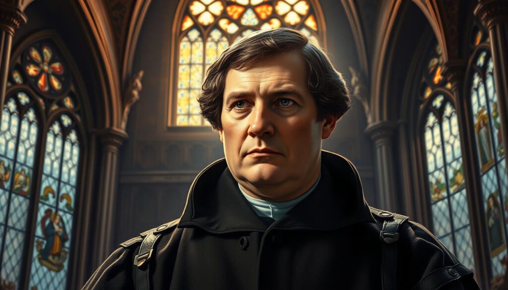 A dramatic, oil-painted portrait of Martin Luther, the visionary leader of the Protestant Reformation, standing tall and resolute against a backdrop of ornate Gothic architecture and stained-glass windows. Luther's intense gaze conveys his unwavering determination, his face illuminated by a warm, contemplative light that casts deep shadows, emphasizing the weight of his revolutionary ideas. The scene evokes a sense of historical significance, with a moody, introspective atmosphere that captures the pivotal moment of spiritual and intellectual awakening that shaped the course of Western Christianity.