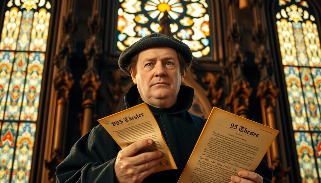 A dramatic scene of Martin Luther, the influential 16th-century German priest, standing before an ornate church, holding his famous "95 Theses" in hand. The background depicts the iconic stained-glass windows and soaring gothic architecture, illuminated by a warm, golden light. Luther's expression is resolute, his gaze fixed on the viewer, symbolizing the profound impact of the Reformation movement he spearheaded. The composition captures the pivotal moment when Luther's actions challenged the established Catholic Church, forever shaping the course of religious history.