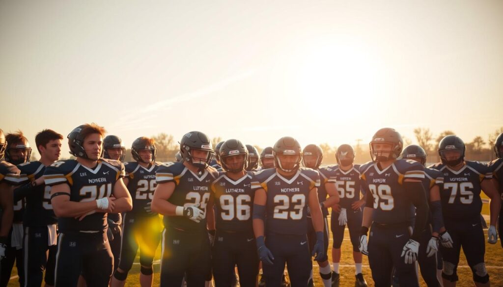 A dynamic scene of a Lutheran North football team, radiating with a winning mindset and unbreakable team spirit. In the foreground, players stand shoulder-to-shoulder, their faces alight with determination and camaraderie. Hands clasped, they form an unbreakable bond, ready to face any challenge. In the middle ground, the team gathers in a tight huddle, strategizing their next play, their coach's voice echoing with words of encouragement. The background depicts the football field, bathed in warm, golden lighting that casts a triumphant glow over the scene. The players' uniforms, emblazoned with the Lutheran North insignia, flutter in the gentle breeze, symbolizing their unwavering commitment to the game and to each other.