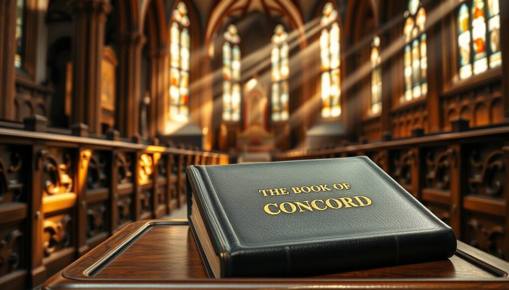 A finely bound leather book rests on an ornate wooden lectern, its cover embossed with the gilded title "The Book of Concord". Rays of warm, natural light stream through stained glass windows, casting a reverent glow upon the tome. In the background, rows of carved oak pews and a majestic vaulted ceiling evoke the solemn atmosphere of a historic Lutheran church. The scene conveys the significance and weight of these foundational confessional documents, which have shaped the faith and theology of Lutheranism for centuries.