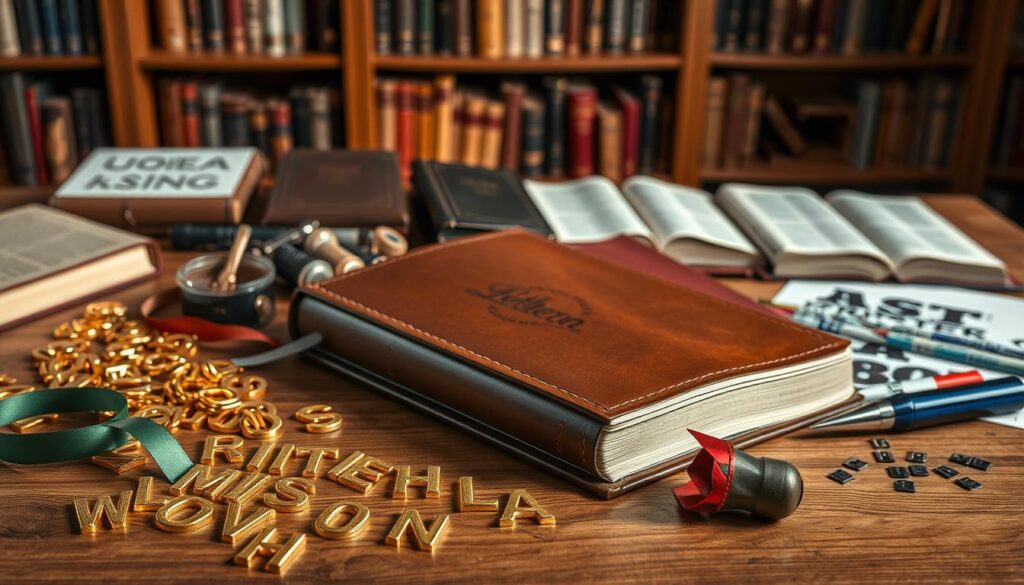 A finely crafted, leather-bound Lutheran Bible lies open on a wooden table, surrounded by various customization tools and options. In the foreground, gold-embossed letters, ribbons, and luxury monogramming tools create a visually striking display. The middle ground features an array of foils, stamps, and inks in a range of colors, allowing for personalized imprinting. In the background, a softly lit bookshelf showcases other Bibles, creating a warm, scholarly atmosphere. The lighting is warm and inviting, with subtle shadows that accentuate the textures and details of the materials. The overall composition conveys the high-quality, personalized nature of the customization options available for this Lutheran Bible.