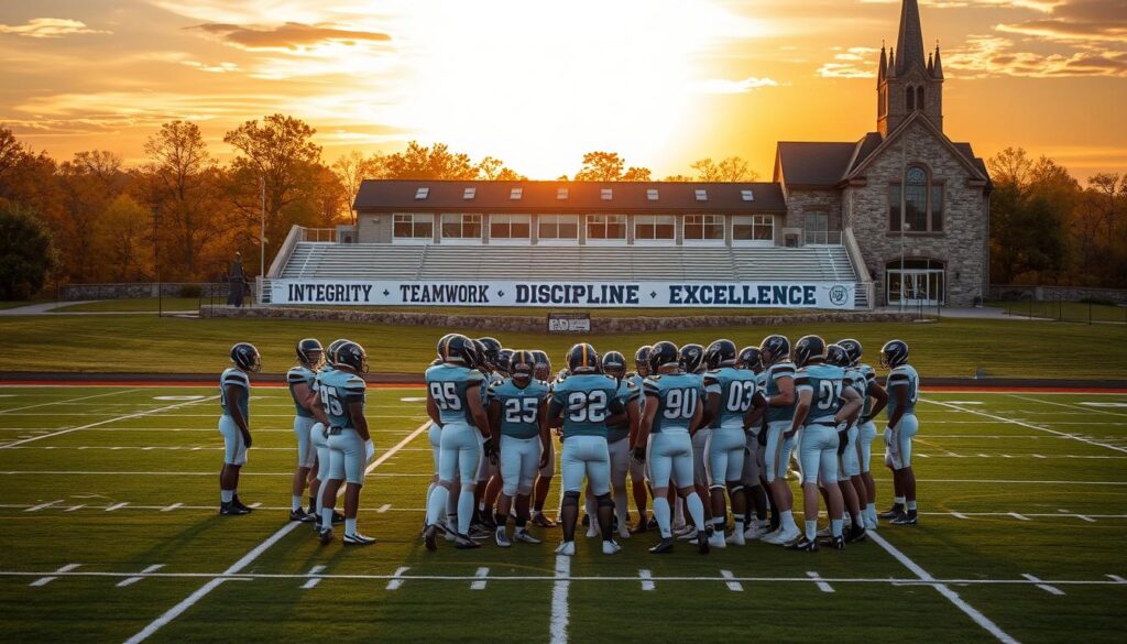 A football field surrounded by a serene, pastoral landscape under a warm, golden hour sky. In the foreground, a group of players in traditional football uniforms stand in a huddle, their faces determined and focused. Behind them, a large banner displays the program's core values - Integrity, Teamwork, Discipline, and Excellence - in bold, impactful typography. The middle ground features a well-manicured field with yard lines and goal posts, conveying a sense of tradition and excellence. In the background, a stone-and-brick stadium with a towering steeple and stained-glass windows reflects the program's Lutheran heritage and values.