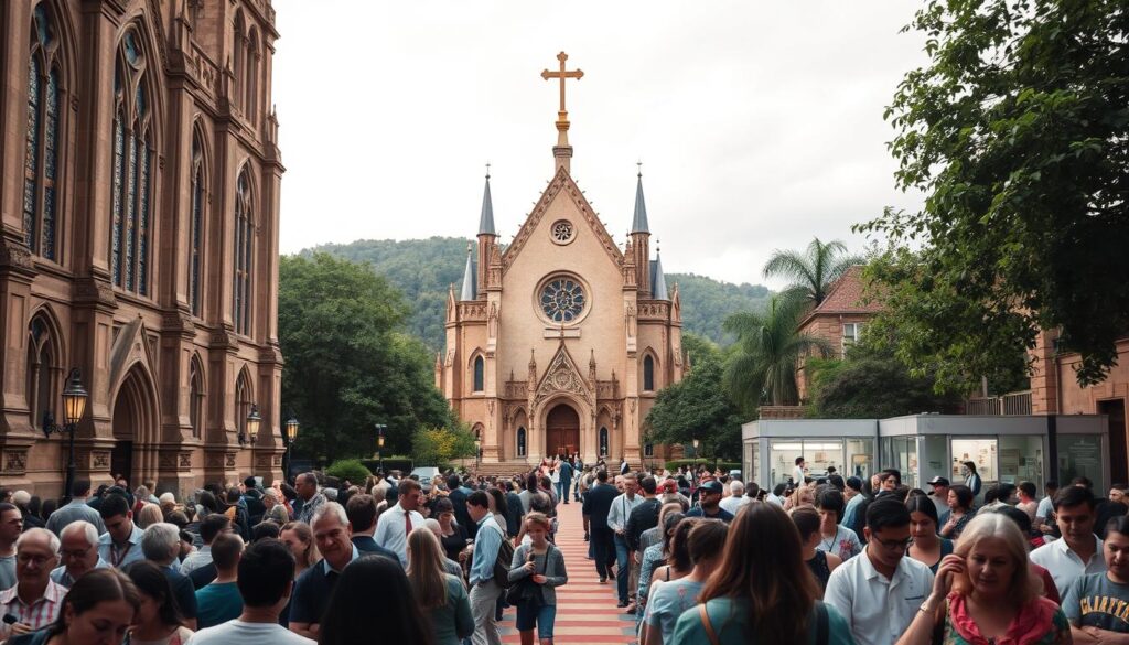 A grand Catholic church stands tall, its ornate architecture and stained glass windows casting a warm, reverent glow. In the foreground, people of all ages gather for educational and community services, their faces alight with purpose and fellowship. The middle ground reveals a bustling healthcare clinic, its staff tending to the needs of the faithful. In the background, a lush, verdant landscape frames the scene, conveying a sense of harmony and connection between the church, its congregation, and the broader community. Soft, natural lighting illuminates the entire composition, creating a serene and inviting atmosphere.