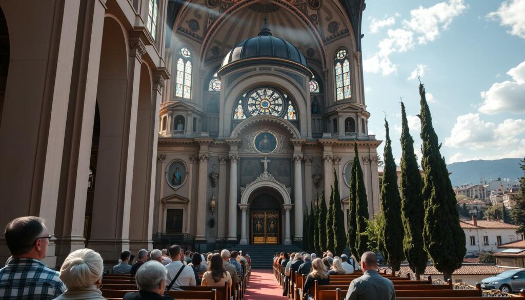A grand Greek Evangelical church stands tall, its Byzantine-inspired architecture a testament to the rich tapestry of Protestant history in Greece. Sunlight streams through ornate stained-glass windows, illuminating the ornate interior adorned with intricate iconography and wooden pews. In the foreground, worshippers gather in quiet contemplation, their faces reflecting the solemnity and reverence of the sacred space. The middle ground captures the church's ornate facade, its domed roof and arched entryways evoking the grandeur of the nation's religious heritage. Surrounding the church, a tranquil urban landscape unfolds, with cypress trees and terracotta-roofed buildings hinting at the broader cultural context. The overall scene conveys a sense of timeless reverence and the enduring impact of the Protestant faith on the Greek landscape.