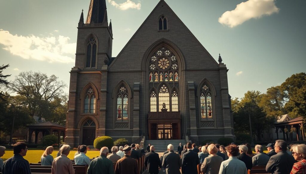 A grand Lutheran church in the Missouri Synod style, constructed in the late 19th century. The ornate spire and intricate stone facade stand tall, casting long shadows across the well-manicured lawn. Sunlight streams through stained glass windows, illuminating the ornate interior with its wooden pews and pulpit. In the foreground, a group of parishioners gathers, their expressions conveying a sense of community and devotion. The scene exudes a timeless, reverent atmosphere, capturing the historical origins and early development of this influential branch of Lutheranism.