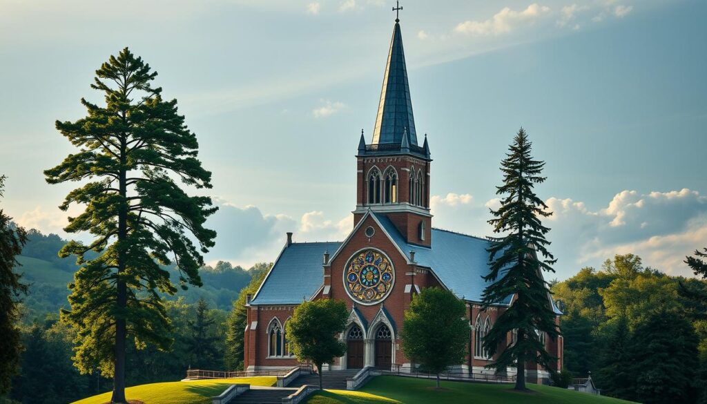 A grand Lutheran church stands tall, its steeple reaching skyward. Intricate gothic architecture adorns the facade, with ornate stained glass windows casting a warm, ethereal glow. The building is nestled in a lush, verdant landscape, surrounded by towering trees and rolling hills. The scene exudes a sense of history, tradition, and spiritual devotion. Soft, diffused lighting illuminates the church, creating a serene and inviting atmosphere. The image conveys the mission and beliefs of the Saviour Lutheran Church, reflecting its commitment to faith, community, and the enduring legacy of the Lutheran tradition.