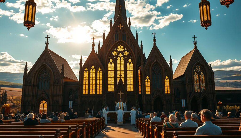 A grand Lutheran church with a towering steeple and intricate gothic architecture, set against a backdrop of rolling hills and a serene blue sky. The interior is bathed in warm, golden light filtering through stained glass windows, revealing ornate wooden pews and an elevated pulpit where the pastor delivers their sermon. Figures of clergy and congregants are gathered, engaged in the rituals and traditions that define Lutheran church governance. A sense of reverence and community permeates the scene, reflecting the hierarchical structure and democratic principles that guide this Christian denomination.