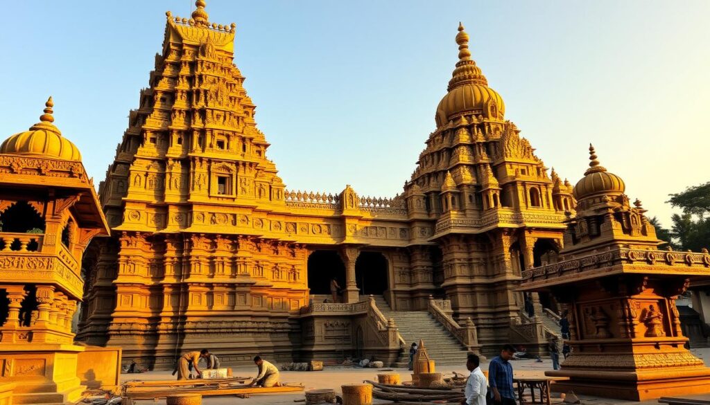 A grand Vedic temple rises majestically, its intricate carved stone façade glowing in the warm afternoon light. Towering spires and domes, adorned with intricate symbolic motifs, reach skyward, their silhouettes casting dramatic shadows across the surrounding landscape. In the foreground, skilled artisans work diligently, meticulously chiseling and shaping the ornate architectural elements, their tools echoing the rhythmic patterns of the temple's design. The scene evokes a sense of timeless tradition, where ancient wisdom and masterful craftsmanship converge to create a sacred space that inspires reverence and wonder.