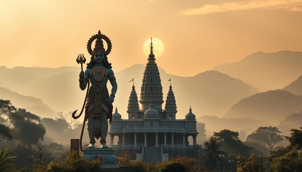 A grand and majestic scene of the Vedic deities, set against a serene and timeless landscape. In the foreground, the divine figures stand tall and resplendent, their intricate features and ornate attire capturing the essence of Hindu mythology. The middle ground showcases a tranquil temple, its spires and domes rising majestically, surrounded by lush vegetation and a glowing sky. In the background, the misty mountains lend an air of mystery and reverence, as if the very landscape itself pays homage to the sacred presence. Soft, warm lighting bathes the scene, creating a sense of timelessness and spirituality. The overall composition evokes a deep sense of wonder and respect for the rich cultural and historical tapestry of Hinduism.