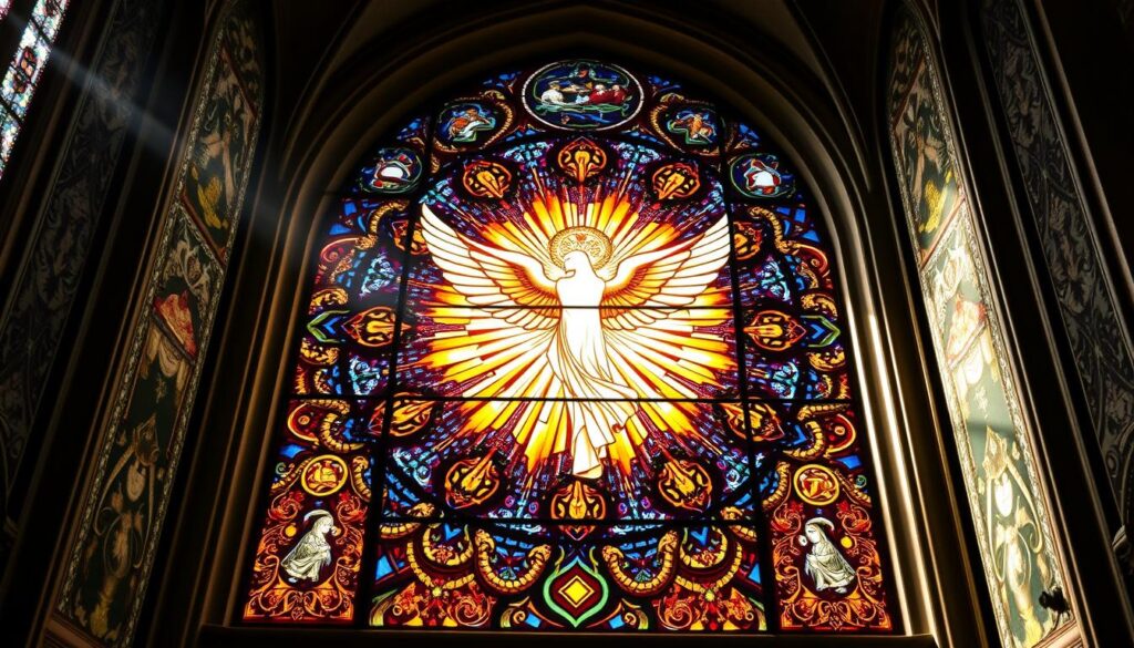 A grand and majestic stained glass window depicting the "Common Statement Holy Spirit" in the Lutheran Orthodox Church. The centerpiece is a radiant, ethereal figure of the Holy Spirit, represented as a dove with wings outstretched, bathed in warm, heavenly light. Surrounding this divine presence are intricate, symbolic patterns and motifs in a kaleidoscope of rich, jewel-toned colors - blues, reds, greens, and golds. The window is set in a grand, ornate architectural frame, with delicate tracery and ornamental details that evoke the reverence and solemnity of the sacred space. The overall composition exudes a sense of transcendent spirituality, inviting the viewer to contemplate the mysteries of the Holy Spirit and the profound teachings of the Lutheran Orthodox tradition.