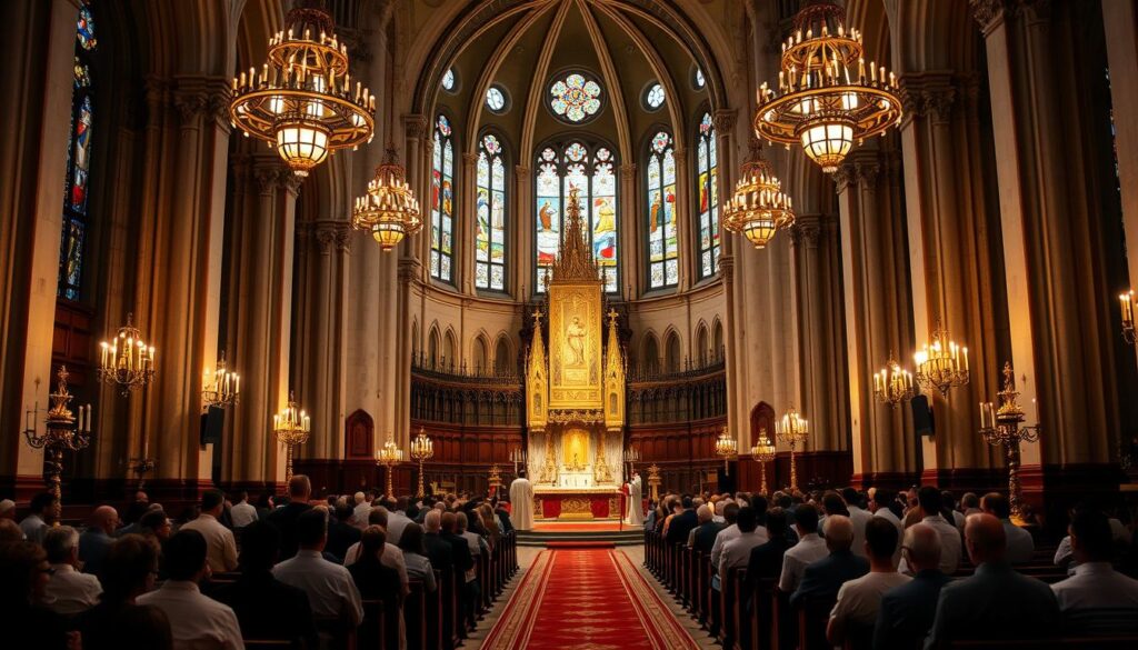 A grand cathedral interior bathed in soft, warm lighting. At the center, a majestic altar draped in rich, liturgical fabrics. Priests in ornate vestments stand before it, leading a solemn sacramental ceremony. Congregants kneel in reverence, immersed in the sacred rituals of the Lutheran faith. Stained glass windows cast a heavenly glow, while ornate chandeliers and candelabras illuminate the reverent atmosphere. The space is filled with a sense of devotion, tradition, and the spiritual union between the faithful and the divine.